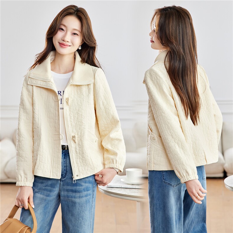 毛线大翻领块纹格刺绣新中式复古短外套上衣2026年春季，女装短外套，简韵佳