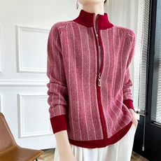 秋冬半高领羊毛衫拼色人字提花开衫女宽松慵懒羊绒针织外套上衣，女装羊毛衫，朝辰羊绒