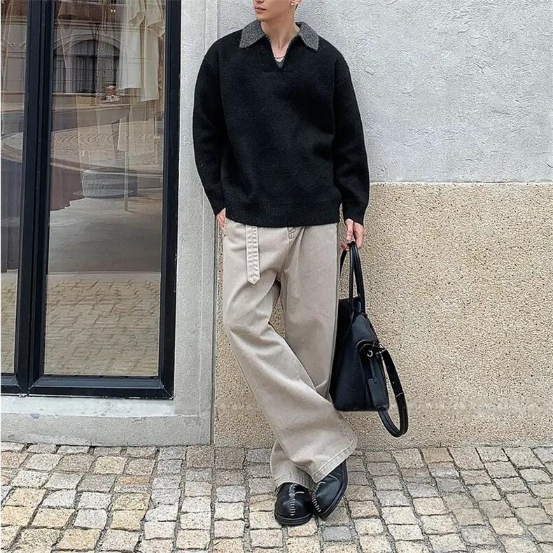 重磅北极绒假两件衬衫领毛衣美式高街复古休闲慵懒纯色翻领针织衫,男装针织衫/毛衣,电商A486