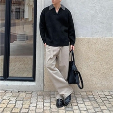 重磅北极绒假两件衬衫领毛衣美式高街复古休闲慵懒纯色翻领针织衫，男装针织衫/毛衣，电商A486