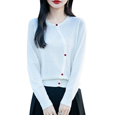 春秋款精纺羊毛开衫女圆领彩扣针织毛衣外套休闲气质宽松外搭上衣，女装羊毛衫，片语羊绒