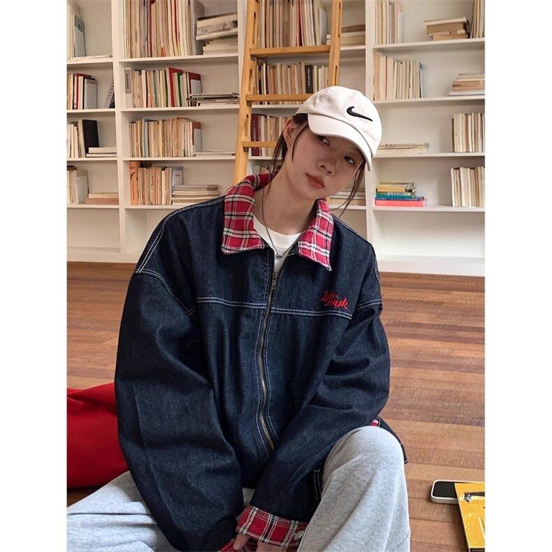 立领拉链拼接格子布撞色格纹夹克牛仔外套男秋季新款宽松百搭外套，男装工装外套，星座1210-1