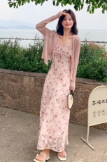 新品首木耳边吊带碎花连衣裙+开衫两件套-2d075-p175-k235，女装连衣裙，2D075