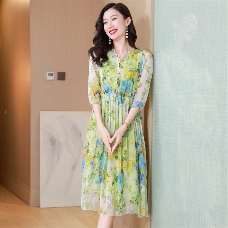 真丝连衣裙2025夏季新款大码女装衣服桑蚕丝高端精致气质碎花裙子,女装连衣裙,阿舍尔精品
