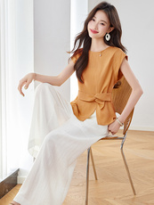 时尚套装女2025新款夏高端气质减龄扭结无袖上衣棉麻阔腿裤两件套，女装套装/套裙，美沁
