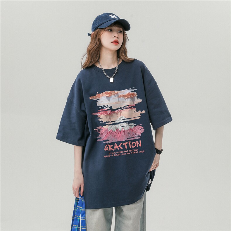 中性风夏季油画复古印花圆领时尚纯棉百搭短袖T恤T1143P25控38,男装T恤,A247A