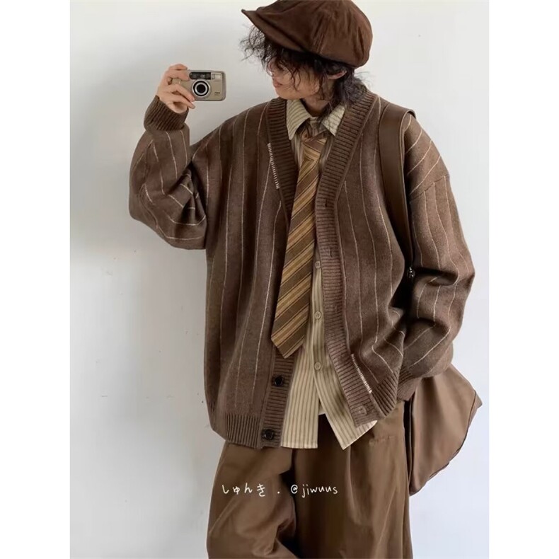 日系复古暗条纹开衫毛衣男潮牌潮流宽松针织衫外套情侣装休闲上衣，男装针织衫/毛衣，星座506A