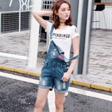 水洗翻边拉链图案纽扣2021年夏季常规短款背带裤高腰磨破连体裤，女装连体裤，奕阳依阁