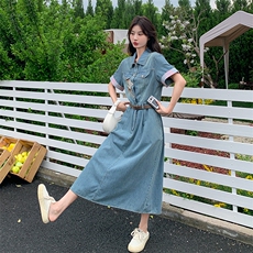夏季新款韩版小个子胖mm大码中长款短袖宽松牛仔连衣裙子女士薄款，女装连衣裙，慧尚依恋