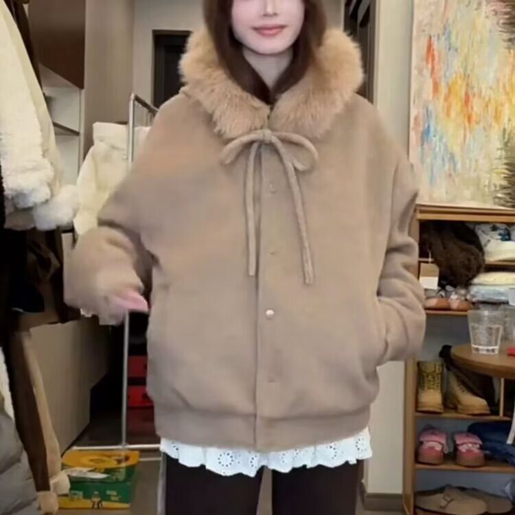 潮牌美式复古毛呢连帽女2025秋冬季宽松百搭拉链情侣高级感外套,女装短外套,星座506A
