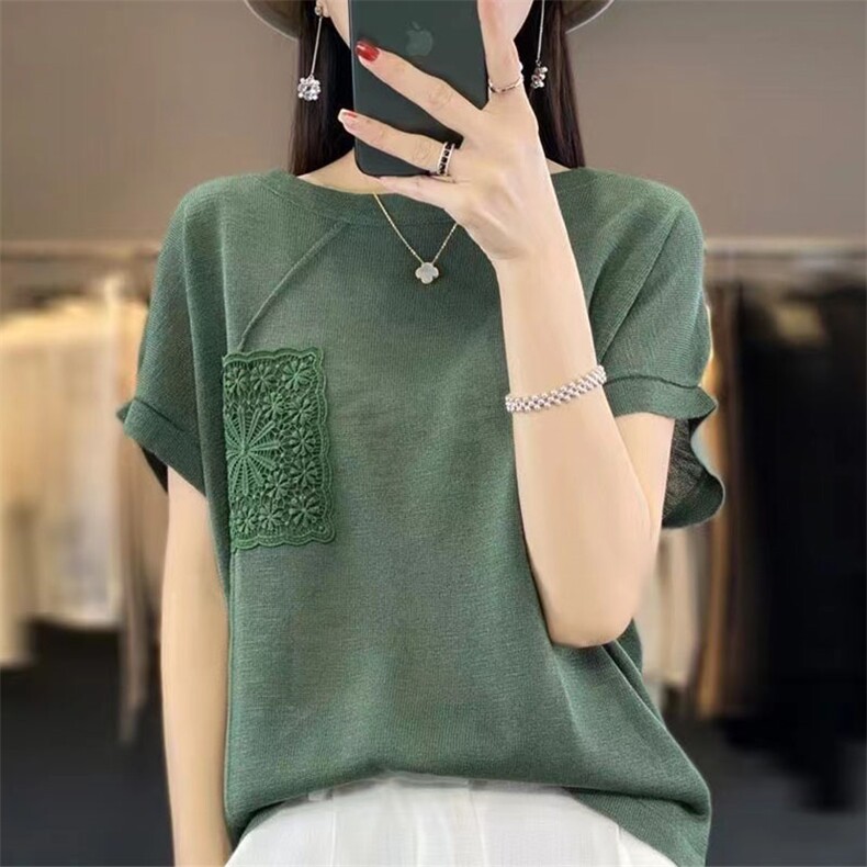 短袖T恤女士2025新款夏季高级感重工上衣宽松大码女装冰丝针织衫,针织衫/毛衣,萱芳婷羊绒