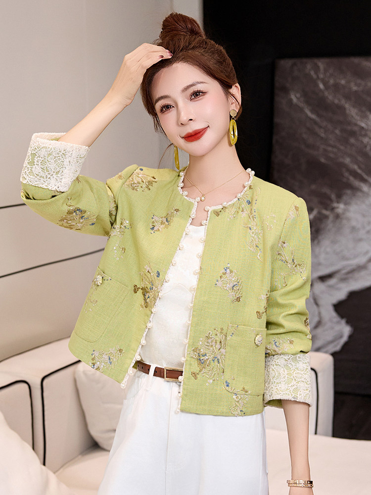 小香风外套女2025开春新款小个子超火新中式国风短款绿色刺绣上衣,女装短外套,布芭啦