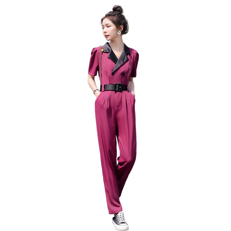 现货2026夏新款时尚拼接西装领双排扣短袖女连体裤配腰带,女装连体裤,印象茜