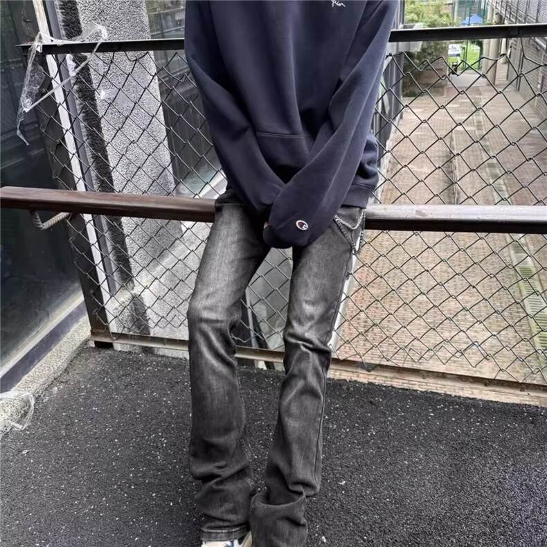 美式vibe风水洗猫须牛仔裤男秋冬高街修身窄版直筒裤子高腰微喇裤,男装休闲裤,星座603-2