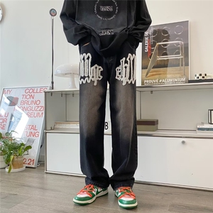 美式复古发泡印花牛仔裤男春秋高街vibe宽松潮牌ins直筒阔腿裤子图片