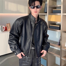 小众垫肩夹克外套男廓形翻领短款pu皮衣拉链外套复古W6781-P72，男装皮衣，星座412-1