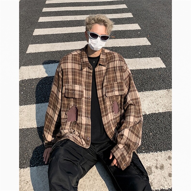 废柴复古美拉德情侣衬衣宽松做破补丁格子长袖衬衫女男潮C49/P58,男装衬衫,星座506
