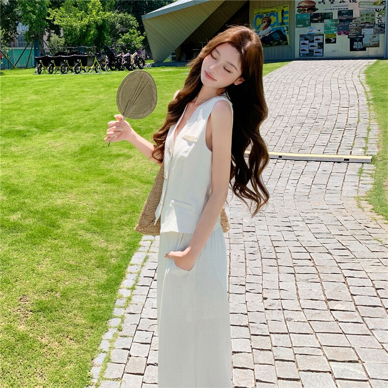 时尚洋所马甲套装女夏季新款职场风V领西装马夹外套阔腿裤两件套,女装套装/套裙,水衣源