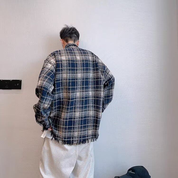 C260-P48日系少年感毛边格子衬衫男春秋新款潮牌百搭内搭宽松,男装T恤,电商B323A