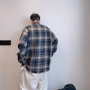 C260-P48 日系少年感毛边格子衬衫男春秋新款潮牌百搭内搭宽松图片