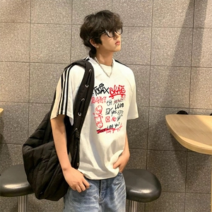 抖音得物高品质二开240克宽松纯棉美式潮牌三条杠织带短袖T恤图片