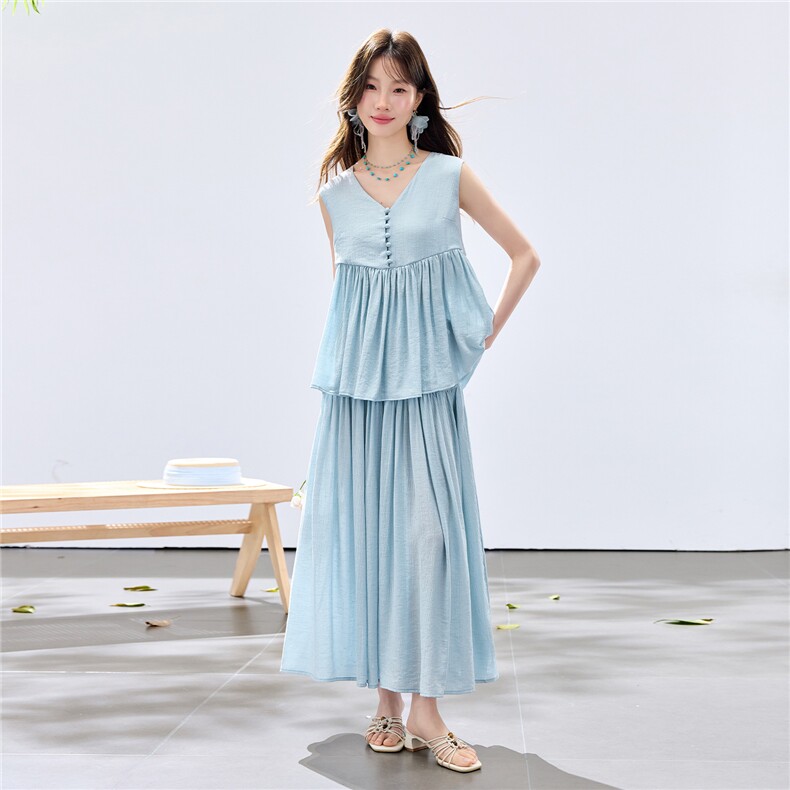 夏季新款现货！2026休闲风宽松版v领单排扣显瘦大裙摆两件套装女,女装套装/套裙,宝儿家