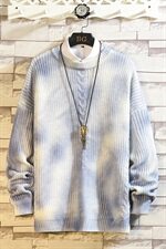 M04-P65日系男士大码秋季圆领扎染色针织套头毛衣外套白色，男装针织衫/毛衣，电商B369（原A024）