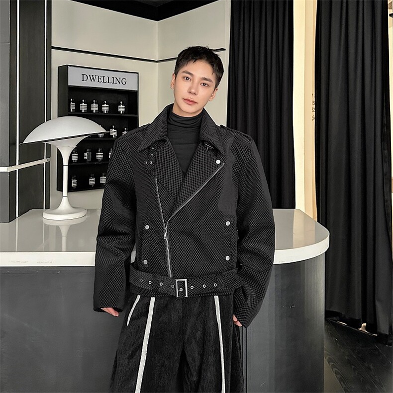 2025秋冬新款走秀网格设计感腰带重工短外套夹克男A345-627-P160，男装夹克，电商A345