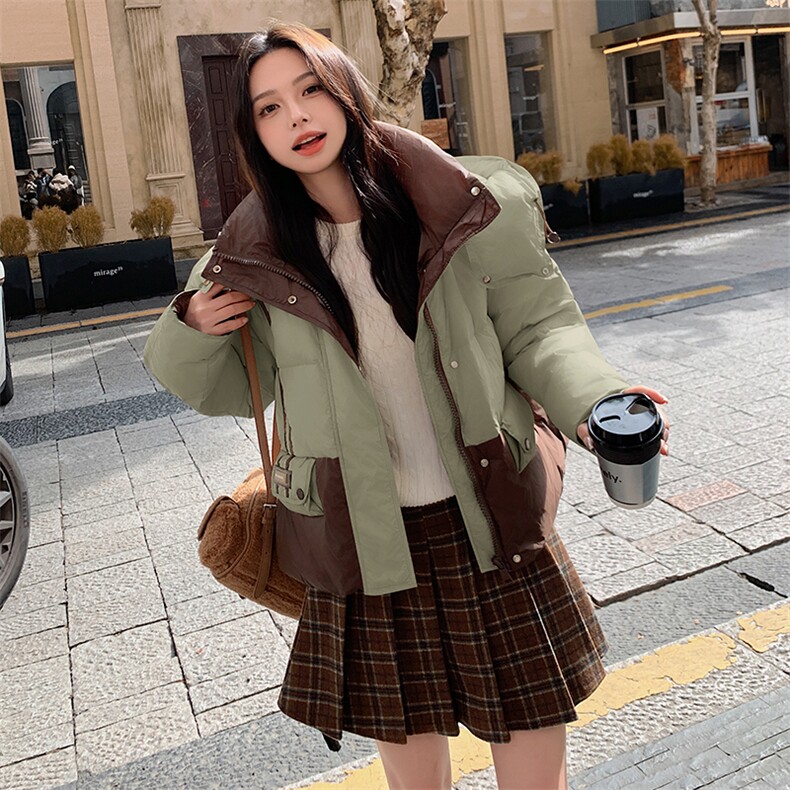 连帽撞色拼接时尚连帽羽绒服2024年冬季,女装羽绒服,微微衣阁