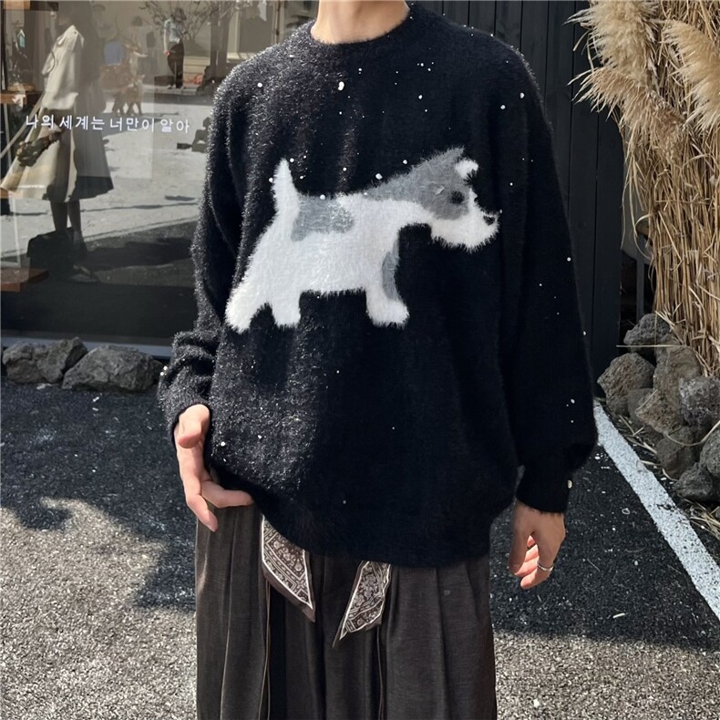 网图水貂毛小狗圆领毛衣宽松慵懒风针织衫情侣A025-HM1459-P50,男装针织衫/毛衣,电商A025