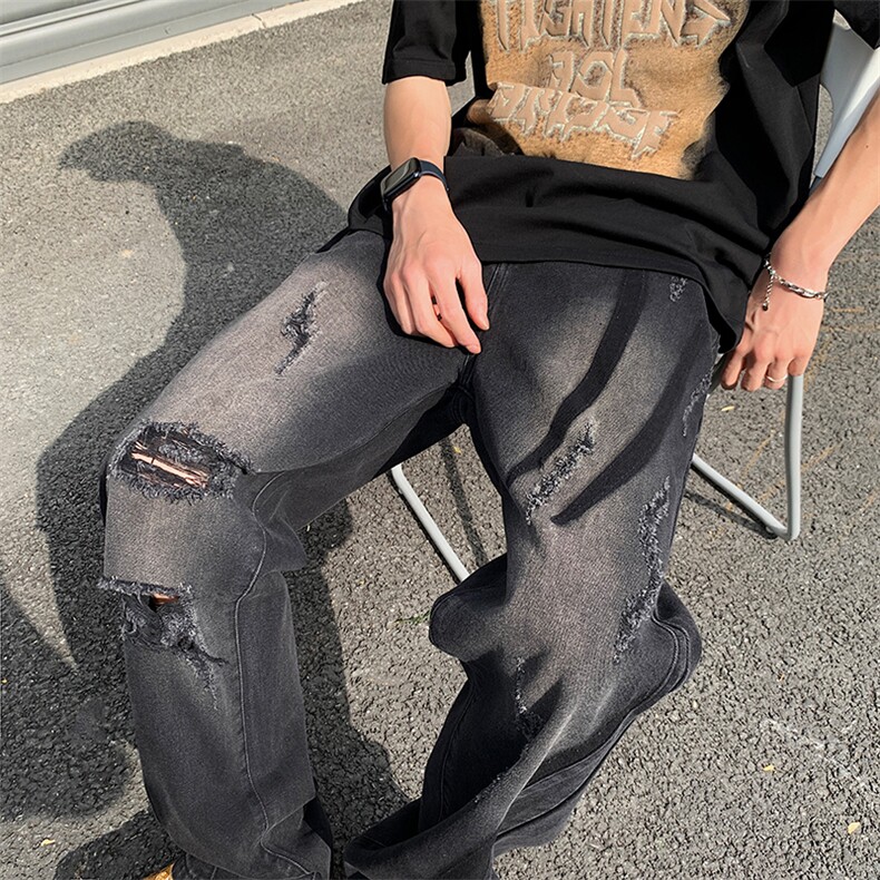 抖音品质美潮设计感高街破洞撞色洗水牛仔裤313A-1-NZ039-P65控78图片