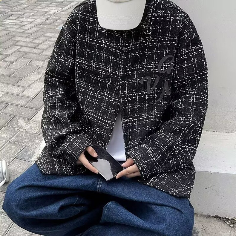 高级小香风长袖青少年春秋韩版潮流情侣格子港风复古休闲夹克外套,男装夹克,星座218-8