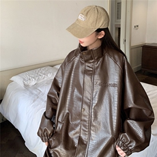 大码pu皮衣夹克钢印美式女复古oversize显瘦设计感情侣机车外套秋，男装夹克，星座226-2