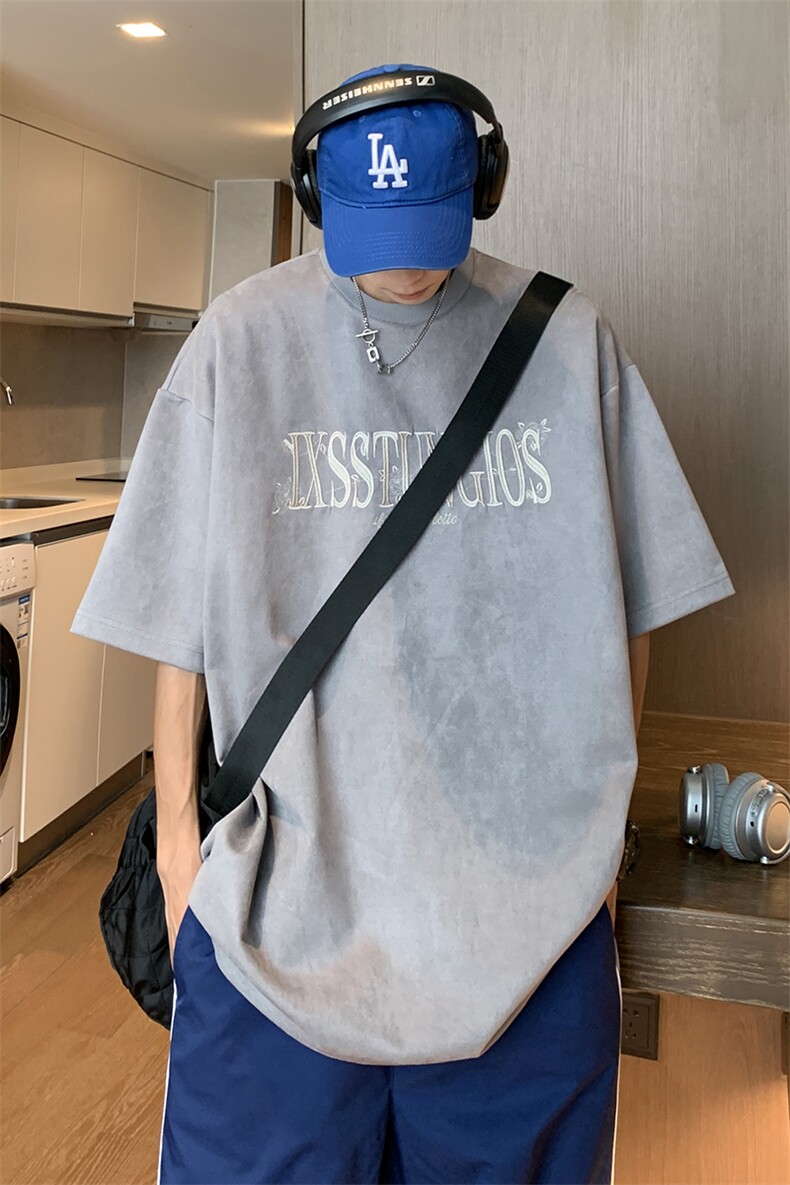 港风高街潮设计鹿皮绒刺绣情侣短袖T恤上衣绣花G1055P35男,男装T恤,电商A339