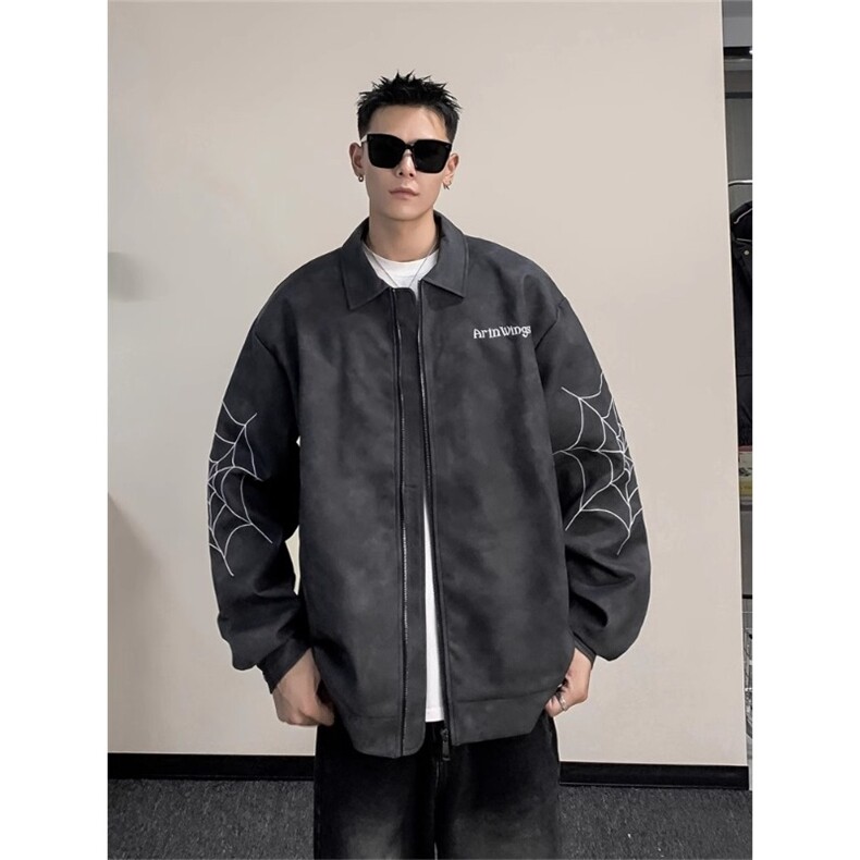 蜘蛛网刺绣皮衣外套男潮风高级感痞帅美式高街机车夹克HH8549P76,男装皮衣,星座1013-5