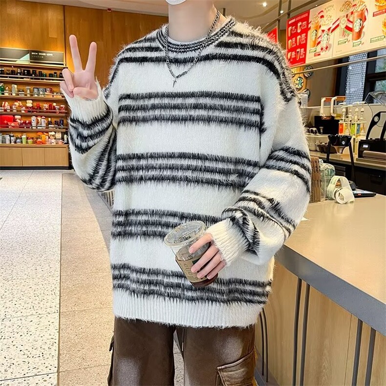 水貂绒条纹圆领毛衣男士秋冬季韩系潮牌宽松慵懒风情侣针织衫外套,男装针织衫/毛衣,星座410-6（原星座1304-1）