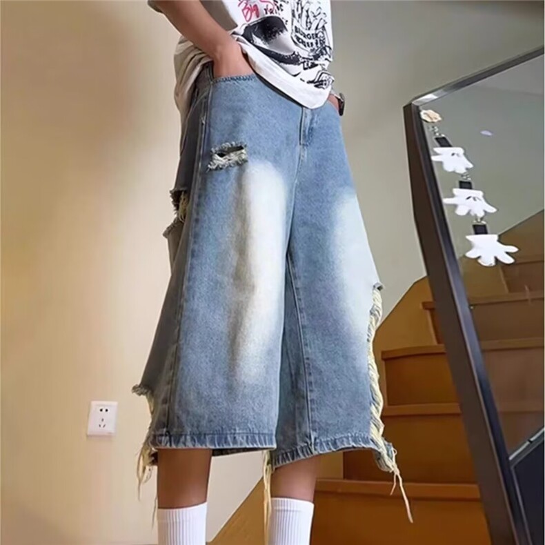 复古水洗做旧破洞磨毛七分牛仔短裤夏季男女宽松阔腿百搭休闲中裤,男装牛仔裤,星座506A