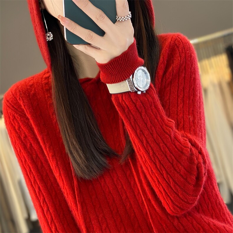 女连帽扭花加厚长袖毛衣宽松慵懒羊绒衫针织帽衫卫衣,女装羊毛衫,大美人高端店