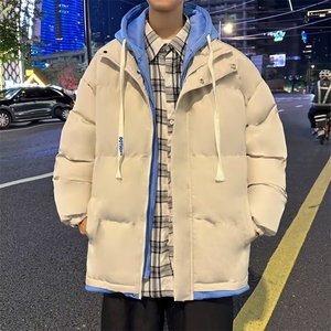 新款撞色假两件连帽保暖棉服男士潮牌休闲百搭面包服棉衣外套图片