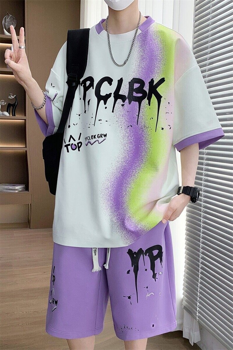 TZ25350-P55夏季休闲T恤短裤男两件套青少年学生运动短袖套装,男装牛仔裤,电商D310B