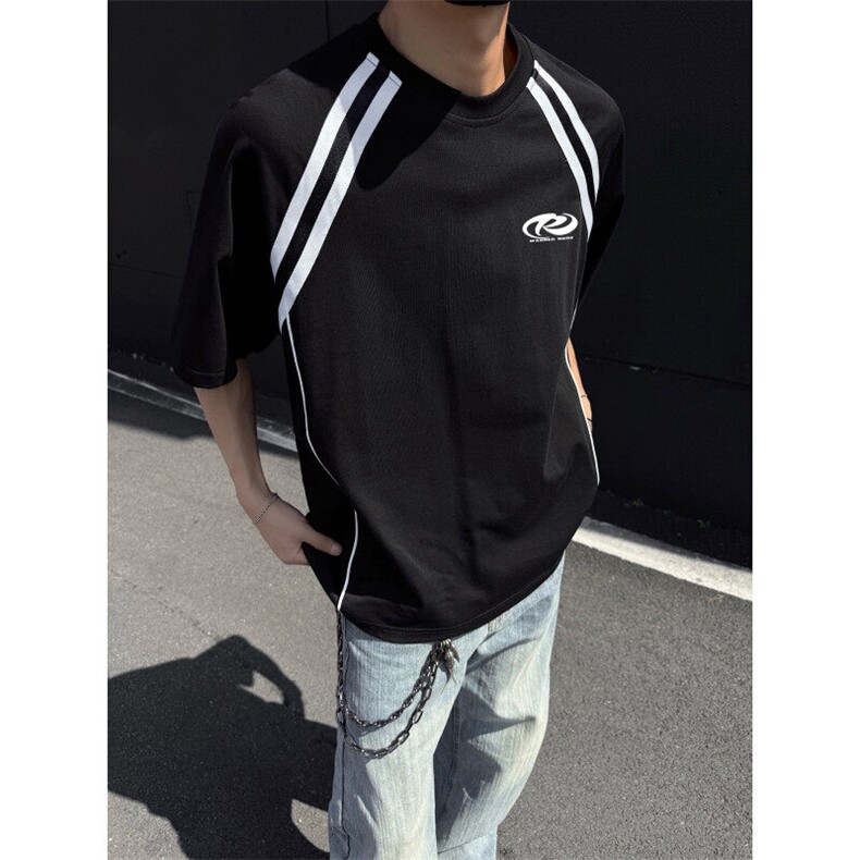 抖音品质夏季新款美式条纹落肩宽松短袖T恤B315-ST004-特p35控68,男装T恤,电商B315
