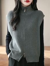 纯棉线高领拉链针织开衫马甲女无袖毛衣背心2025春秋宽松叠穿坎肩，女装针织衫/毛衣，丹芙娇羊绒
