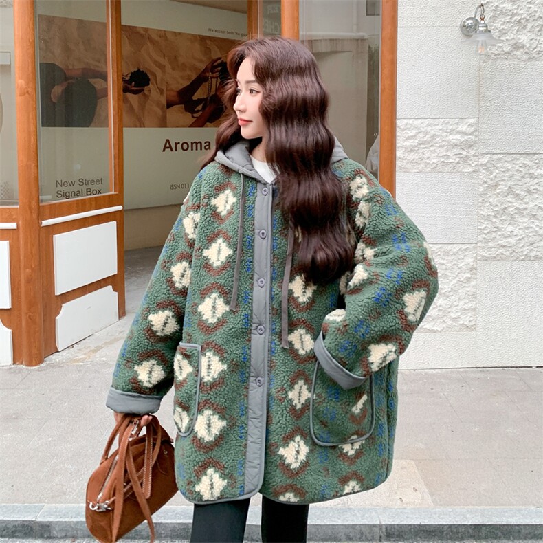 绿色两面穿羊羔毛外套女2025冬季新款宽松加厚小个子休闲短外套,女装毛呢外套,2C093