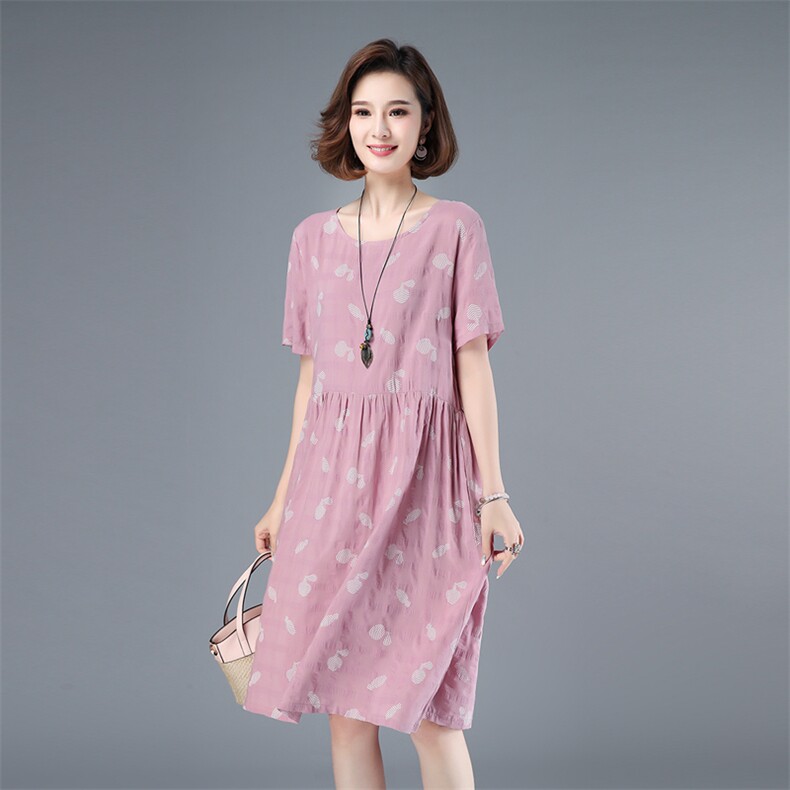 2021年夏季通勤韩版中长款a字裙40-49周岁高腰圆领短袖套头裙子，女装连衣裙，伊满意