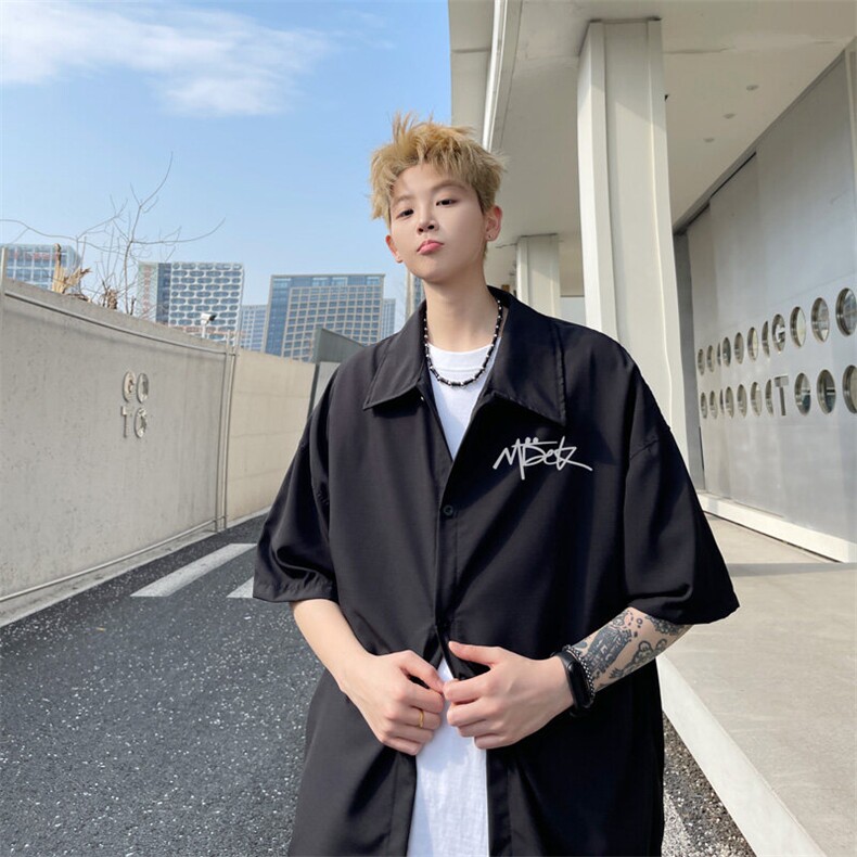 夏季重磅薄款字母印花翻领短袖衬衫男潮宽松防晒衬衣情侣C071/P35，男装衬衫，电商B209