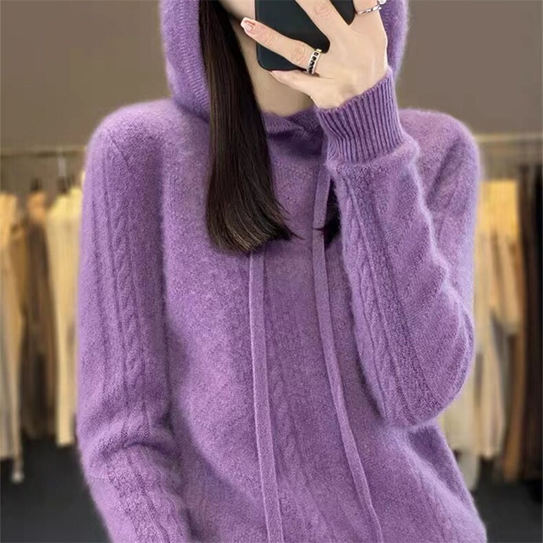 秋冬新款100%纯羊毛衫女纽花纯色连帽卫衣宽松显瘦羊绒针织打底衫,针织衫/毛衣,萱芳婷羊绒