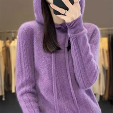 秋冬新款100%纯羊毛衫女纽花纯色连帽卫衣宽松显瘦羊绒针织打底衫，女装针织衫/毛衣，萱芳婷羊绒