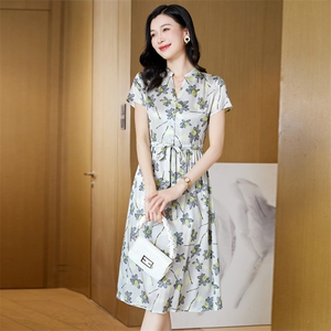 轻熟风印花真丝连衣裙女夏季2024新款大码遮肚子显瘦桑蚕丝裙子夏图片