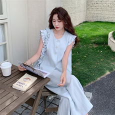 浅蓝色小飞袖马甲阔腿裤套装女2025夏季新款甜美减龄巨好看两件套，女装套装/套裙，2C203