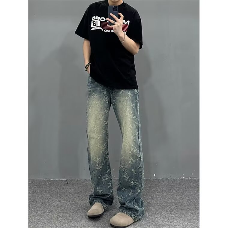 水洗做旧满印提花牛仔裤男款潮牌痞帅炸街裤子美式高街微喇直筒裤,男装牛仔裤,星座302B-2